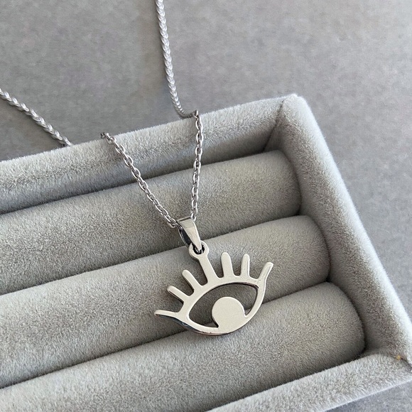 Any 4/$25! Silver Stainless Steel Evil Eye Clasp Back Necklace - Picture 2 of 6